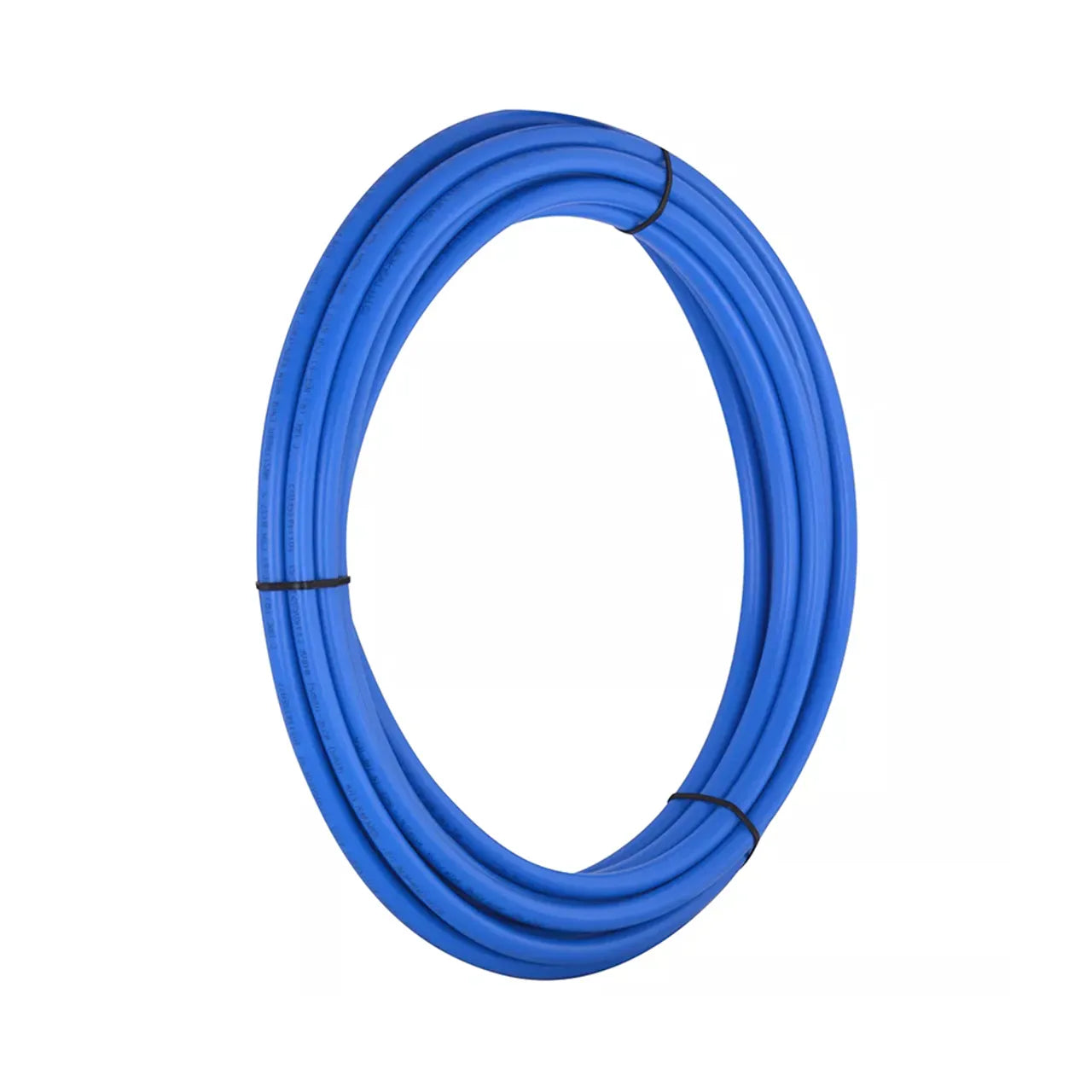 The Go Build 1/2 in. x 100 ft. PEX Coil in blue, secured with two black ties and shown upright against a white background, is perfect for plumbing needs—The Fastest Way To Build.